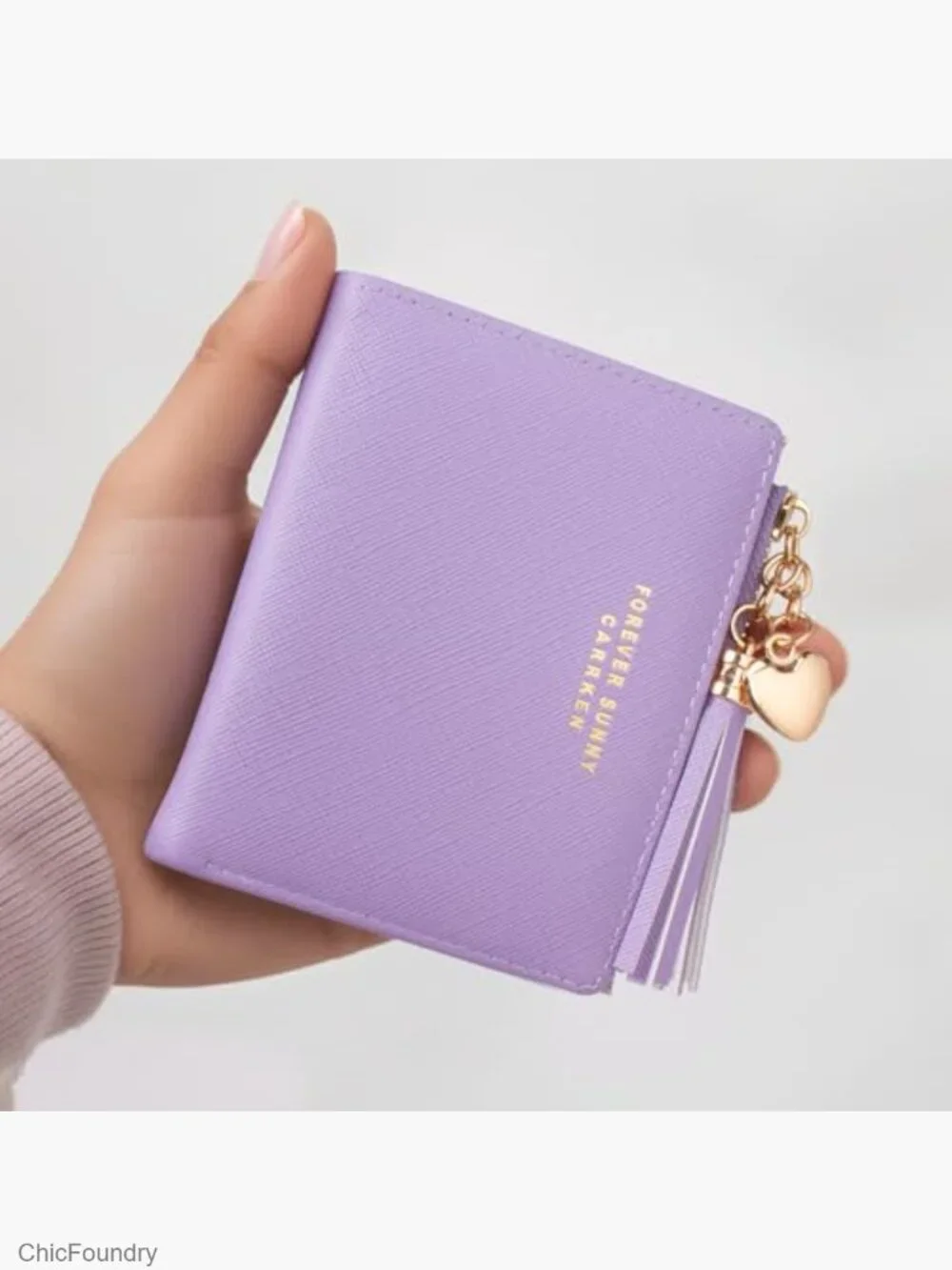 Mini Zip Coin Purse Card Holder Thin Bifold Wallet with Love Pendant Tassels